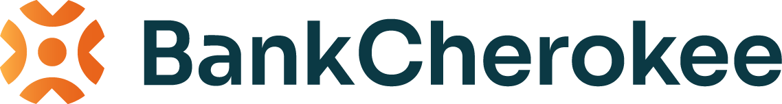 Bank Cherokee logo with the text in a navy blue next to an orange circular "burst-like" brand mark on the left.